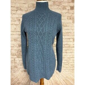 Garnet Hill 100% Cashmere Sweater Cable Knit Turtleneck Teal Blue Size XS